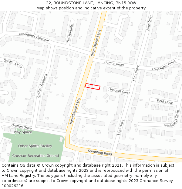 32, BOUNDSTONE LANE, LANCING, BN15 9QW: Location map and indicative extent of plot