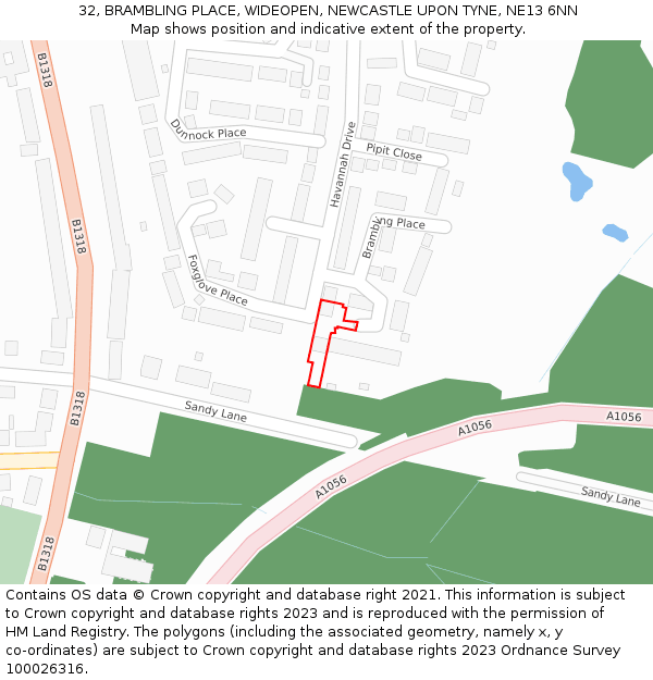 32, BRAMBLING PLACE, WIDEOPEN, NEWCASTLE UPON TYNE, NE13 6NN: Location map and indicative extent of plot