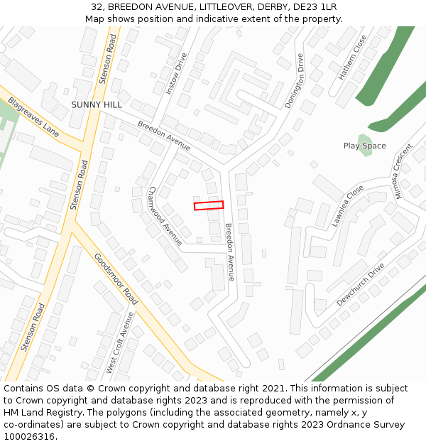 32, BREEDON AVENUE, LITTLEOVER, DERBY, DE23 1LR: Location map and indicative extent of plot