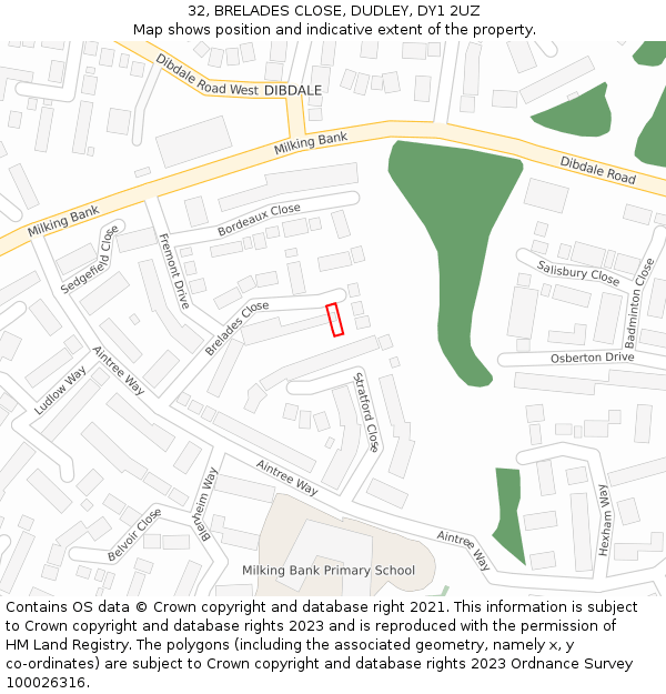 32, BRELADES CLOSE, DUDLEY, DY1 2UZ: Location map and indicative extent of plot
