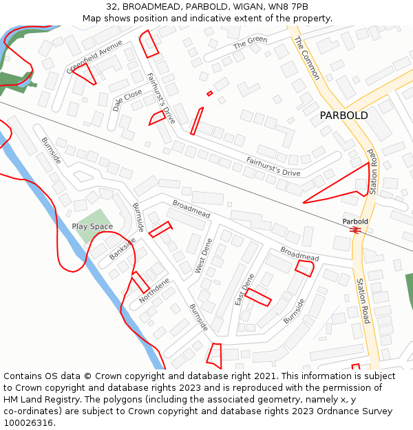 32, BROADMEAD, PARBOLD, WIGAN, WN8 7PB: Location map and indicative extent of plot