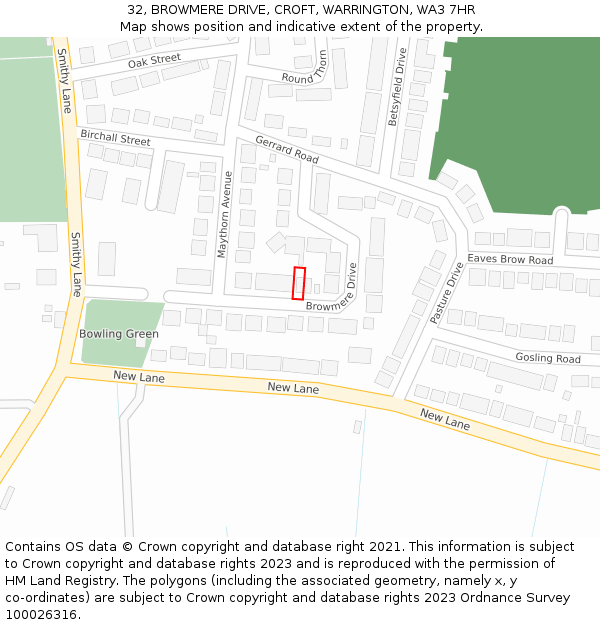 32, BROWMERE DRIVE, CROFT, WARRINGTON, WA3 7HR: Location map and indicative extent of plot