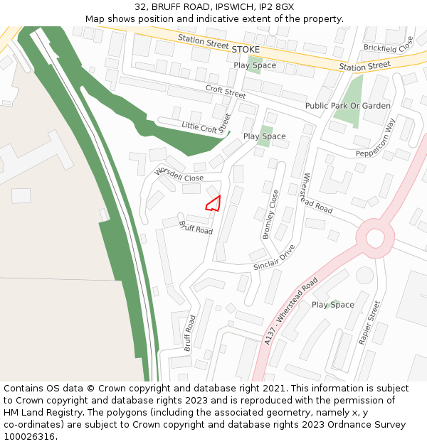 32, BRUFF ROAD, IPSWICH, IP2 8GX: Location map and indicative extent of plot