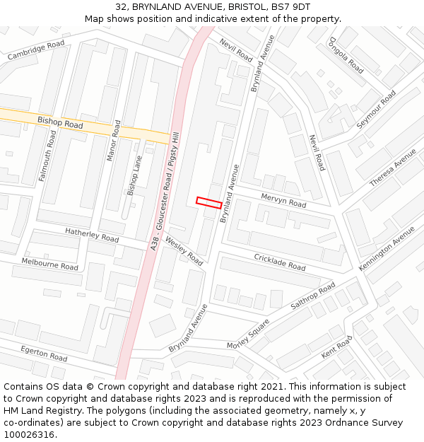 32, BRYNLAND AVENUE, BRISTOL, BS7 9DT: Location map and indicative extent of plot