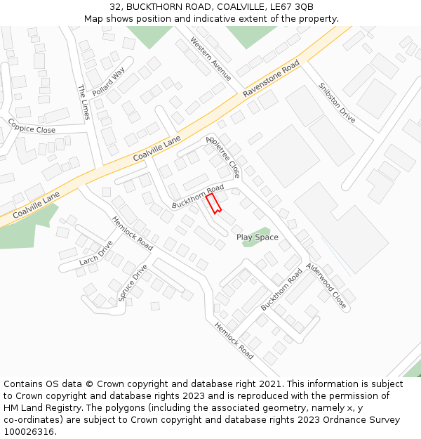 32, BUCKTHORN ROAD, COALVILLE, LE67 3QB: Location map and indicative extent of plot