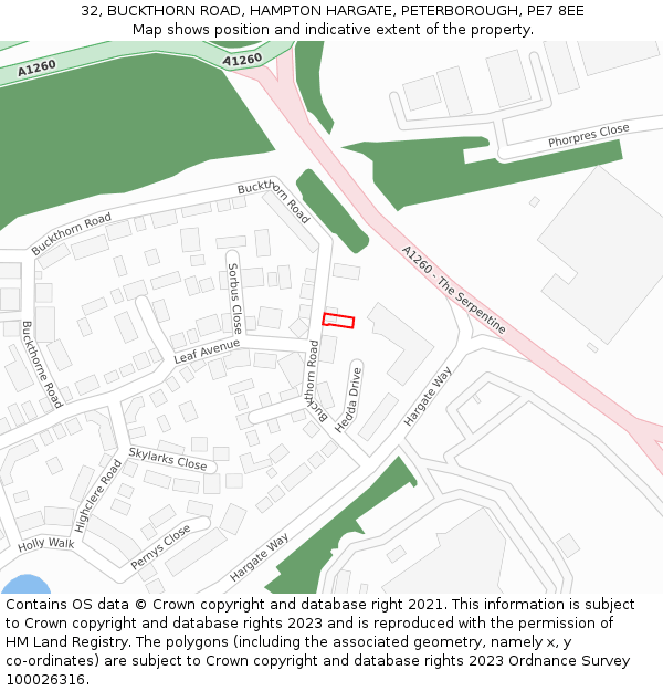 32, BUCKTHORN ROAD, HAMPTON HARGATE, PETERBOROUGH, PE7 8EE: Location map and indicative extent of plot