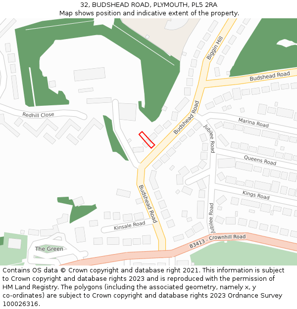 32, BUDSHEAD ROAD, PLYMOUTH, PL5 2RA: Location map and indicative extent of plot