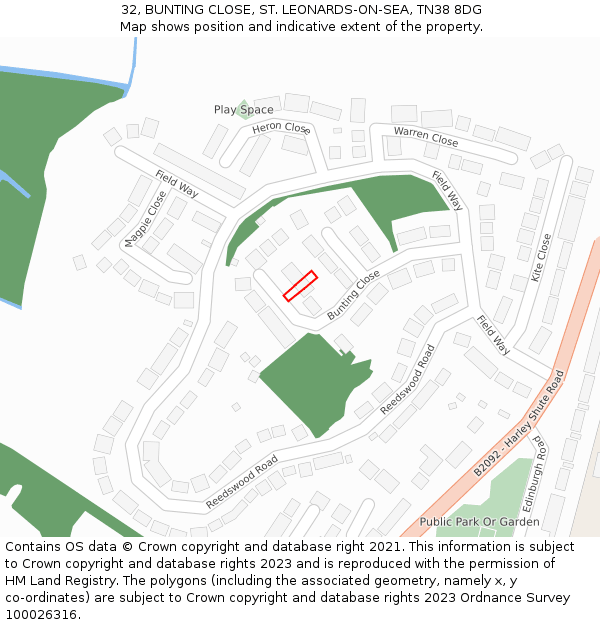32, BUNTING CLOSE, ST. LEONARDS-ON-SEA, TN38 8DG: Location map and indicative extent of plot