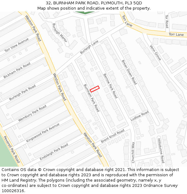 32, BURNHAM PARK ROAD, PLYMOUTH, PL3 5QD: Location map and indicative extent of plot
