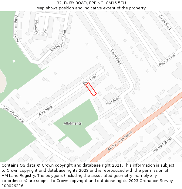 32, BURY ROAD, EPPING, CM16 5EU: Location map and indicative extent of plot