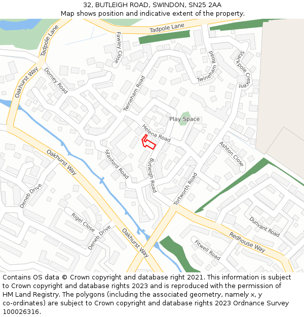 32, BUTLEIGH ROAD, SWINDON, SN25 2AA: Location map and indicative extent of plot