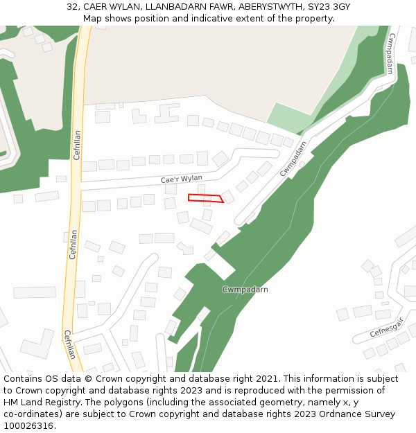 32, CAER WYLAN, LLANBADARN FAWR, ABERYSTWYTH, SY23 3GY: Location map and indicative extent of plot