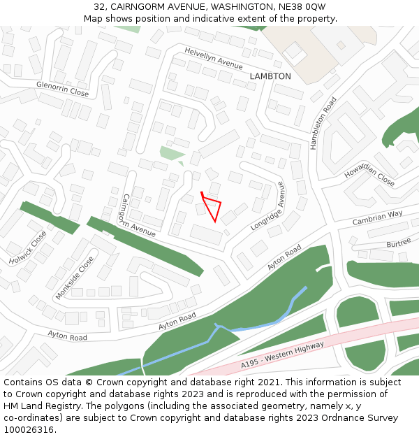 32, CAIRNGORM AVENUE, WASHINGTON, NE38 0QW: Location map and indicative extent of plot