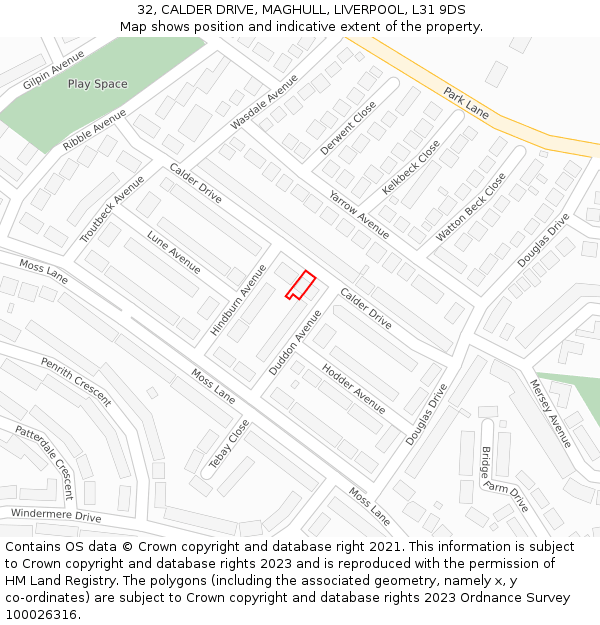 32, CALDER DRIVE, MAGHULL, LIVERPOOL, L31 9DS: Location map and indicative extent of plot
