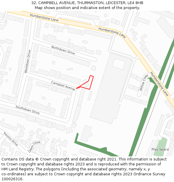 32, CAMPBELL AVENUE, THURMASTON, LEICESTER, LE4 8HB: Location map and indicative extent of plot