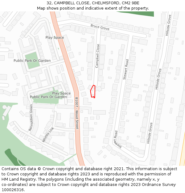 32, CAMPBELL CLOSE, CHELMSFORD, CM2 9BE: Location map and indicative extent of plot