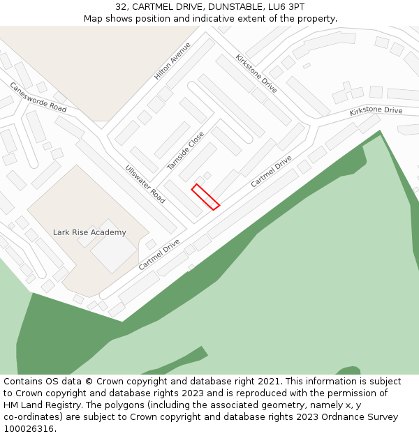32, CARTMEL DRIVE, DUNSTABLE, LU6 3PT: Location map and indicative extent of plot