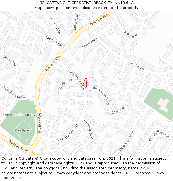 32, CARTWRIGHT CRESCENT, BRACKLEY, NN13 6HA: Location map and indicative extent of plot