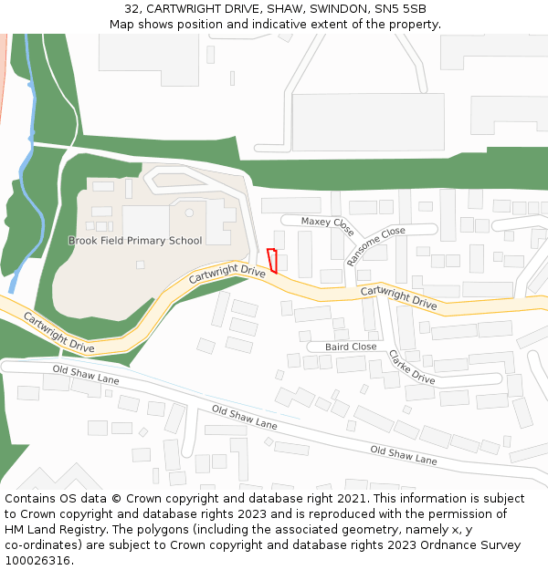 32, CARTWRIGHT DRIVE, SHAW, SWINDON, SN5 5SB: Location map and indicative extent of plot