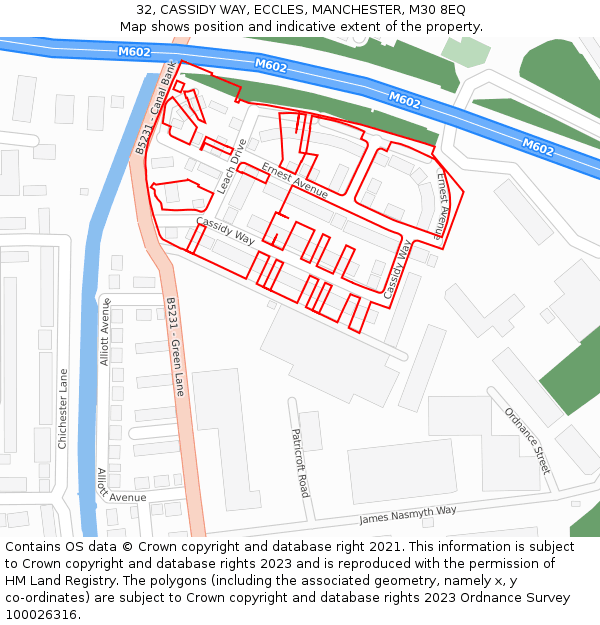 32, CASSIDY WAY, ECCLES, MANCHESTER, M30 8EQ: Location map and indicative extent of plot