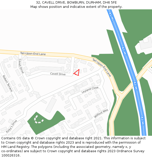 32, CAVELL DRIVE, BOWBURN, DURHAM, DH6 5FE: Location map and indicative extent of plot