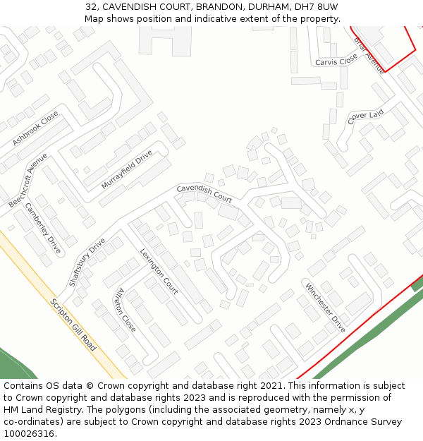 32, CAVENDISH COURT, BRANDON, DURHAM, DH7 8UW: Location map and indicative extent of plot