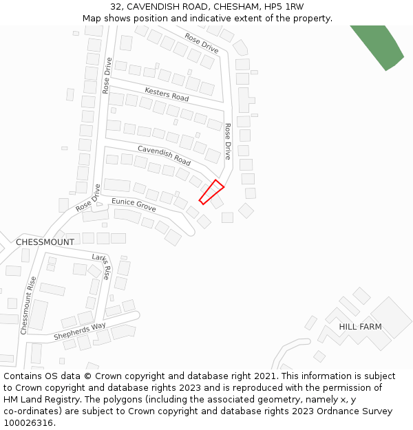 32, CAVENDISH ROAD, CHESHAM, HP5 1RW: Location map and indicative extent of plot