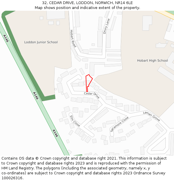 32, CEDAR DRIVE, LODDON, NORWICH, NR14 6LE: Location map and indicative extent of plot