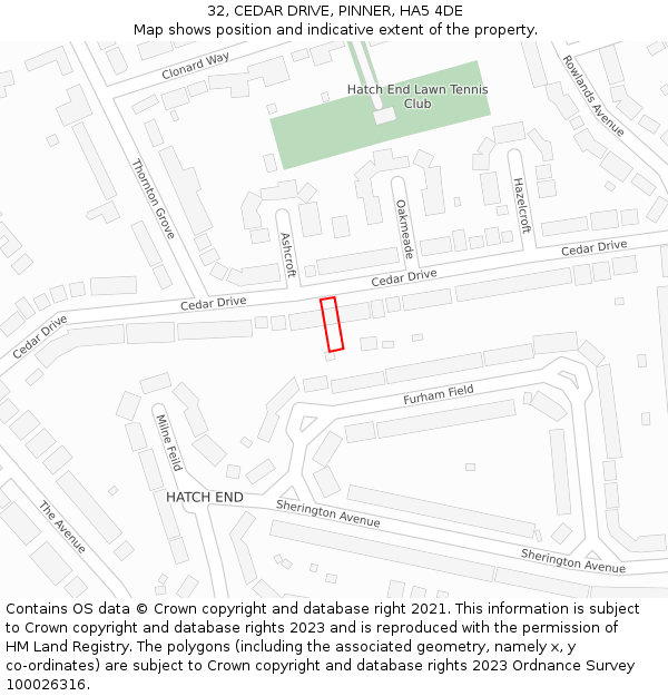 32, CEDAR DRIVE, PINNER, HA5 4DE: Location map and indicative extent of plot