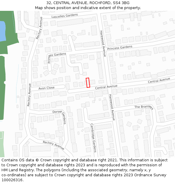32, CENTRAL AVENUE, ROCHFORD, SS4 3BG: Location map and indicative extent of plot