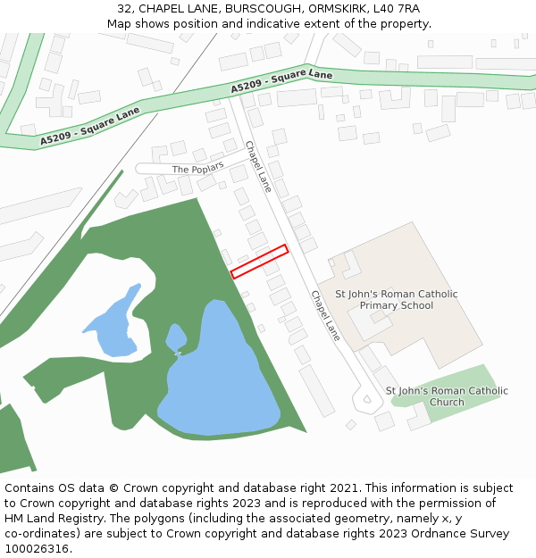 32, CHAPEL LANE, BURSCOUGH, ORMSKIRK, L40 7RA: Location map and indicative extent of plot