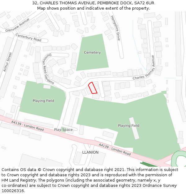32, CHARLES THOMAS AVENUE, PEMBROKE DOCK, SA72 6UR: Location map and indicative extent of plot
