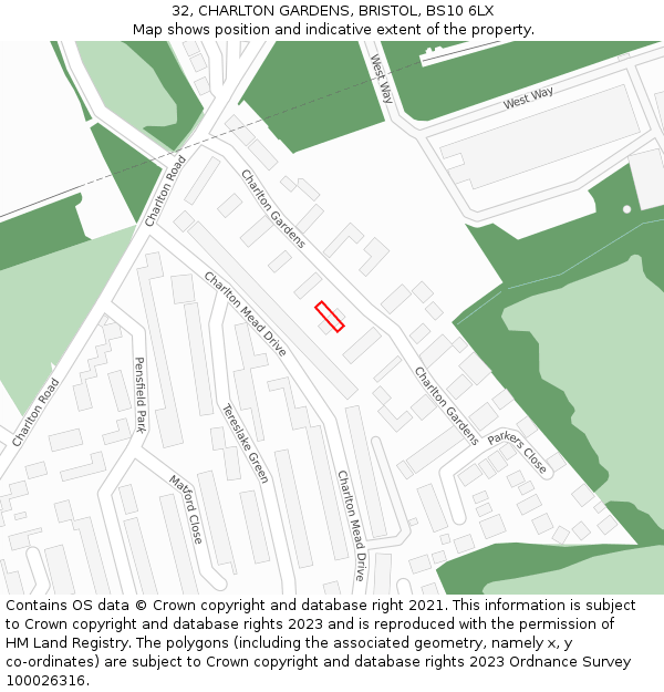 32, CHARLTON GARDENS, BRISTOL, BS10 6LX: Location map and indicative extent of plot