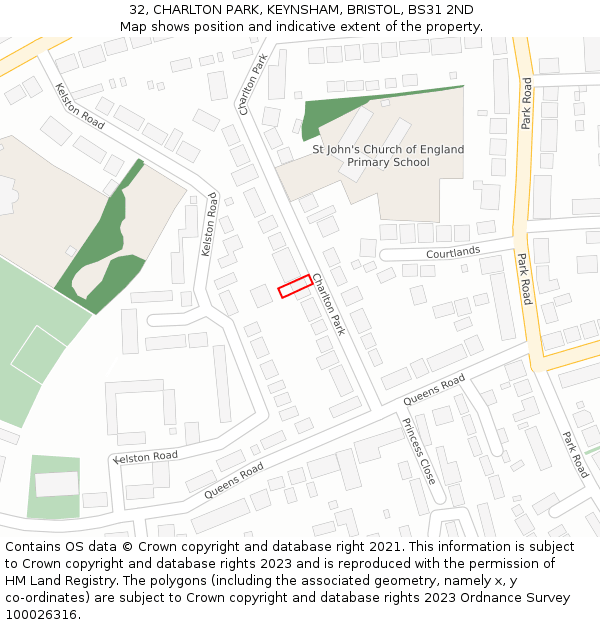 32, CHARLTON PARK, KEYNSHAM, BRISTOL, BS31 2ND: Location map and indicative extent of plot