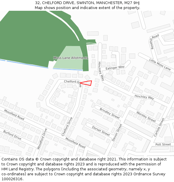 32, CHELFORD DRIVE, SWINTON, MANCHESTER, M27 9HJ: Location map and indicative extent of plot