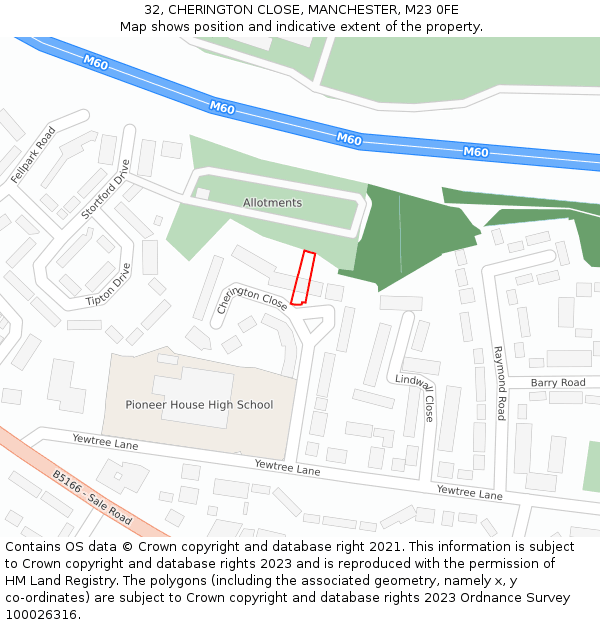 32, CHERINGTON CLOSE, MANCHESTER, M23 0FE: Location map and indicative extent of plot