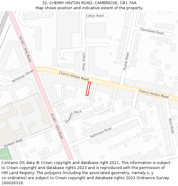32, CHERRY HINTON ROAD, CAMBRIDGE, CB1 7AA: Location map and indicative extent of plot