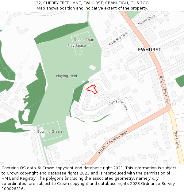 32, CHERRY TREE LANE, EWHURST, CRANLEIGH, GU6 7GG: Location map and indicative extent of plot