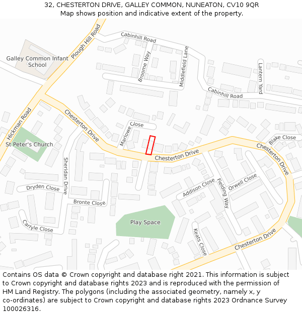 32, CHESTERTON DRIVE, GALLEY COMMON, NUNEATON, CV10 9QR: Location map and indicative extent of plot