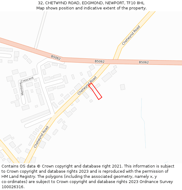 32, CHETWYND ROAD, EDGMOND, NEWPORT, TF10 8HL: Location map and indicative extent of plot