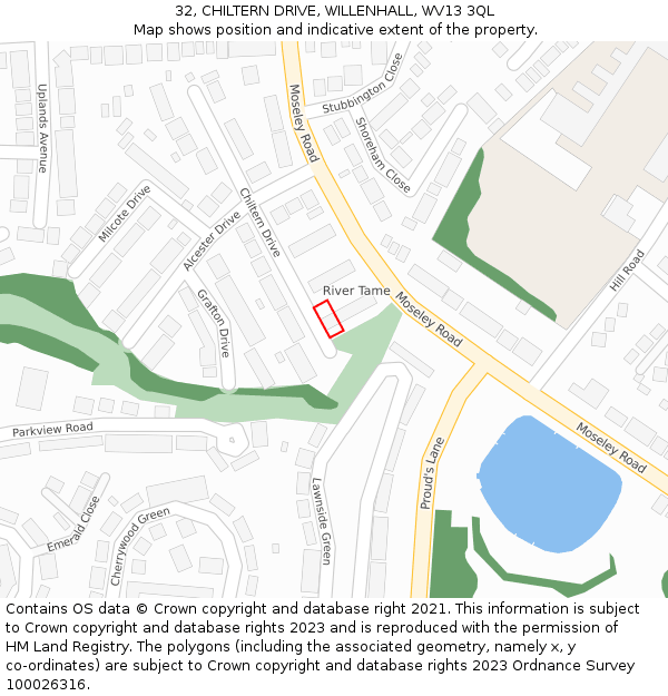 32, CHILTERN DRIVE, WILLENHALL, WV13 3QL: Location map and indicative extent of plot