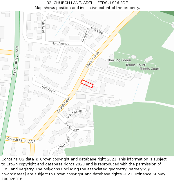 32, CHURCH LANE, ADEL, LEEDS, LS16 8DE: Location map and indicative extent of plot