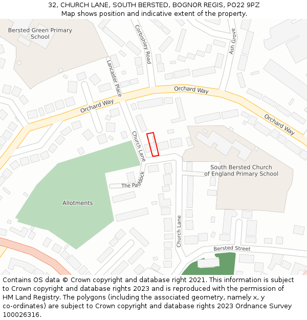 32, CHURCH LANE, SOUTH BERSTED, BOGNOR REGIS, PO22 9PZ: Location map and indicative extent of plot