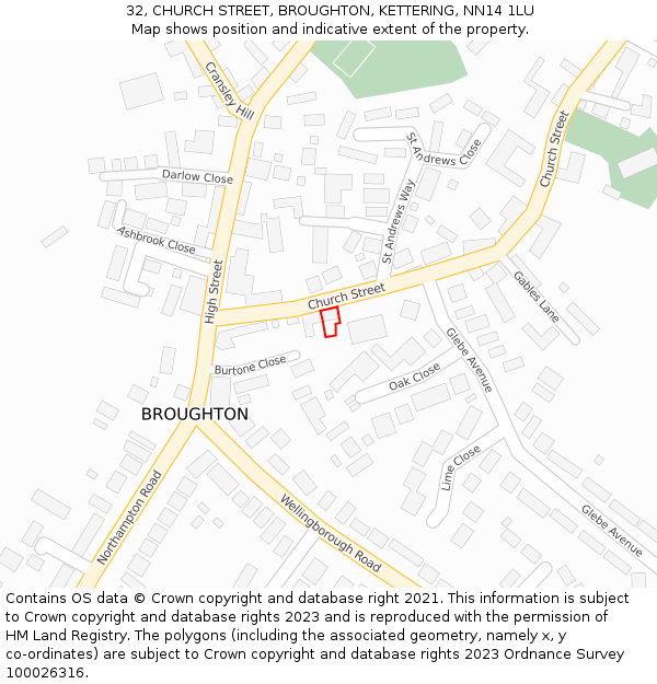 32, CHURCH STREET, BROUGHTON, KETTERING, NN14 1LU: Location map and indicative extent of plot