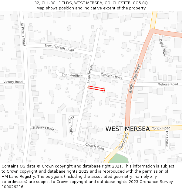 32, CHURCHFIELDS, WEST MERSEA, COLCHESTER, CO5 8QJ: Location map and indicative extent of plot