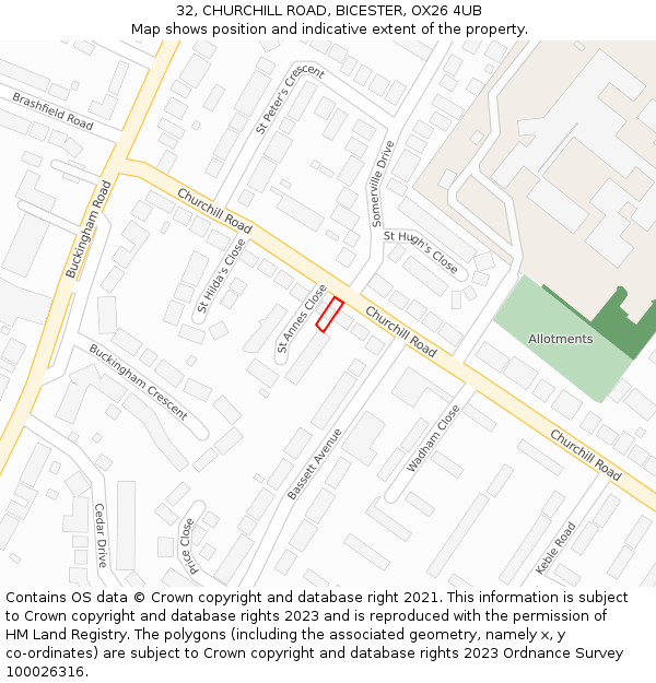 32, CHURCHILL ROAD, BICESTER, OX26 4UB: Location map and indicative extent of plot