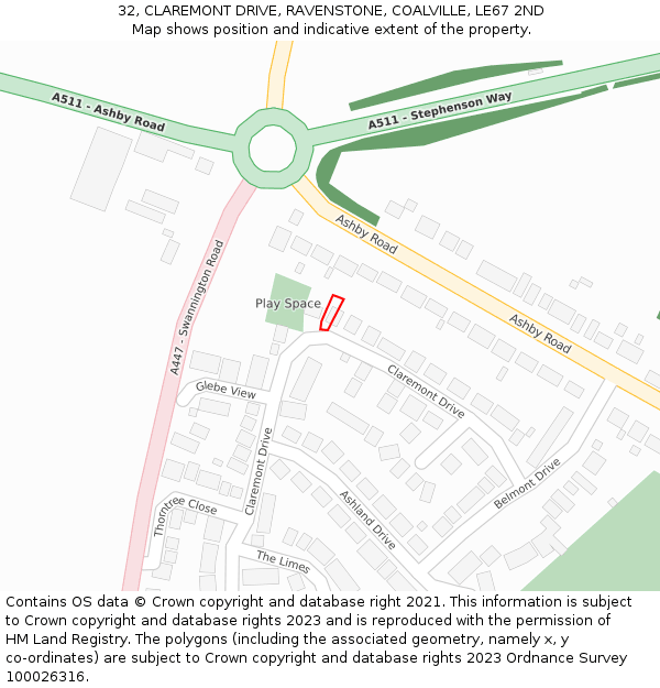 32, CLAREMONT DRIVE, RAVENSTONE, COALVILLE, LE67 2ND: Location map and indicative extent of plot