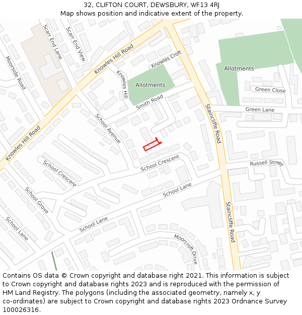 32, CLIFTON COURT, DEWSBURY, WF13 4RJ: Location map and indicative extent of plot