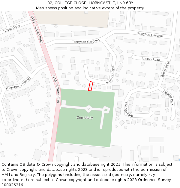 32, COLLEGE CLOSE, HORNCASTLE, LN9 6BY: Location map and indicative extent of plot