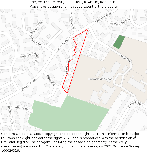 32, CONDOR CLOSE, TILEHURST, READING, RG31 6FD: Location map and indicative extent of plot